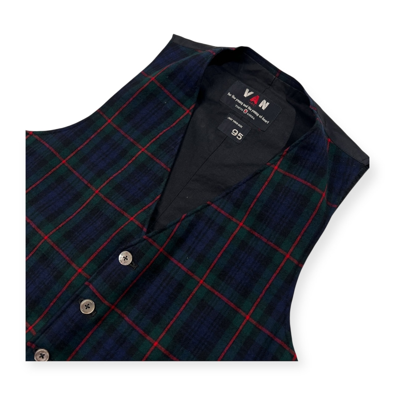 70s VAN JAC ヴァンヂャケット チェック ジレ ベスト 95 /ビンテージ/ネイビー×グリーン×レッド