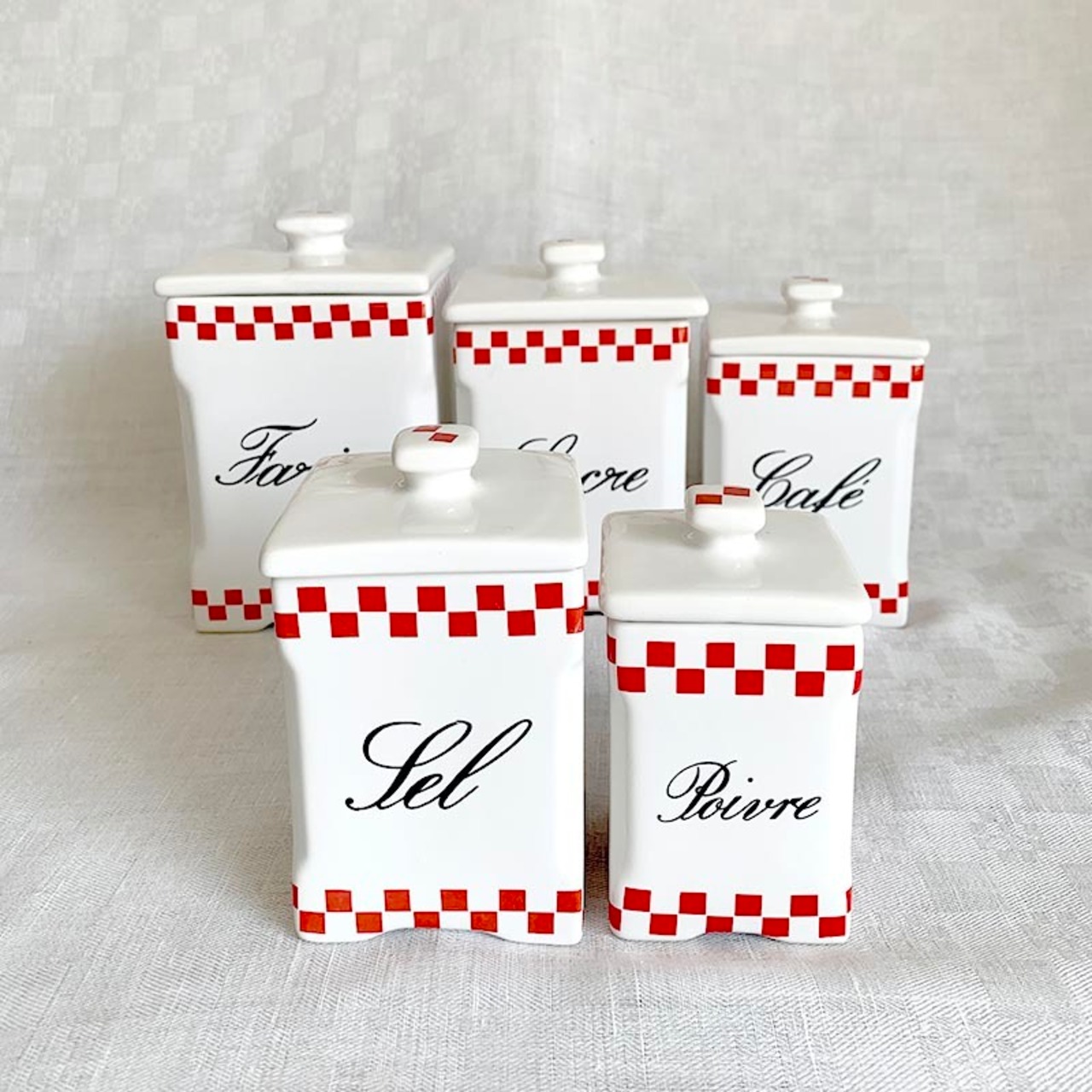 キャニスター　赤白ダミエ　チェック　陶器スパイスポット　 5個セット　フランスキッチン 12otda11