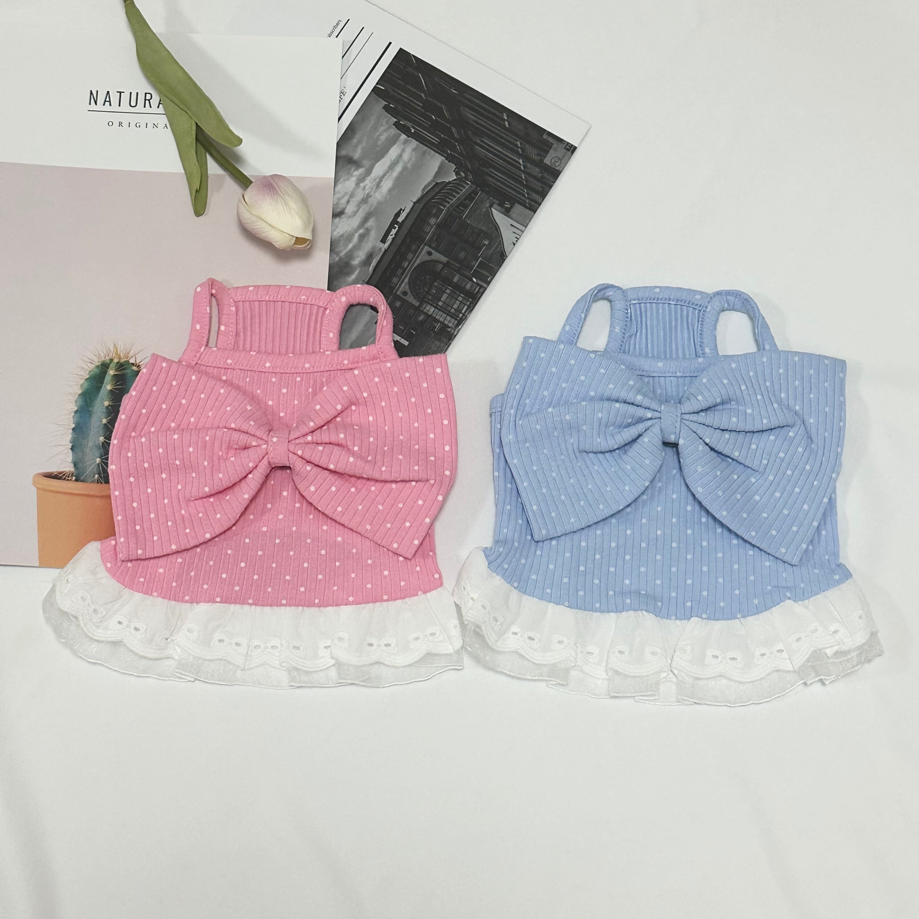 big ribbon crop onepiece 2color S 〜 XL / 犬服 新作 涼しい 夏 ショート丈 ドレス リボン 可愛い 犬の服 クロップドトップス お揃い ドッグウェア おパンツカット ワンピース 袖なし