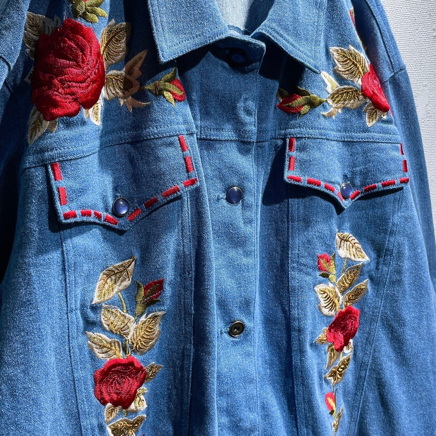 Beautiful Botanical flower embroidery vintage western denim shirt jacket