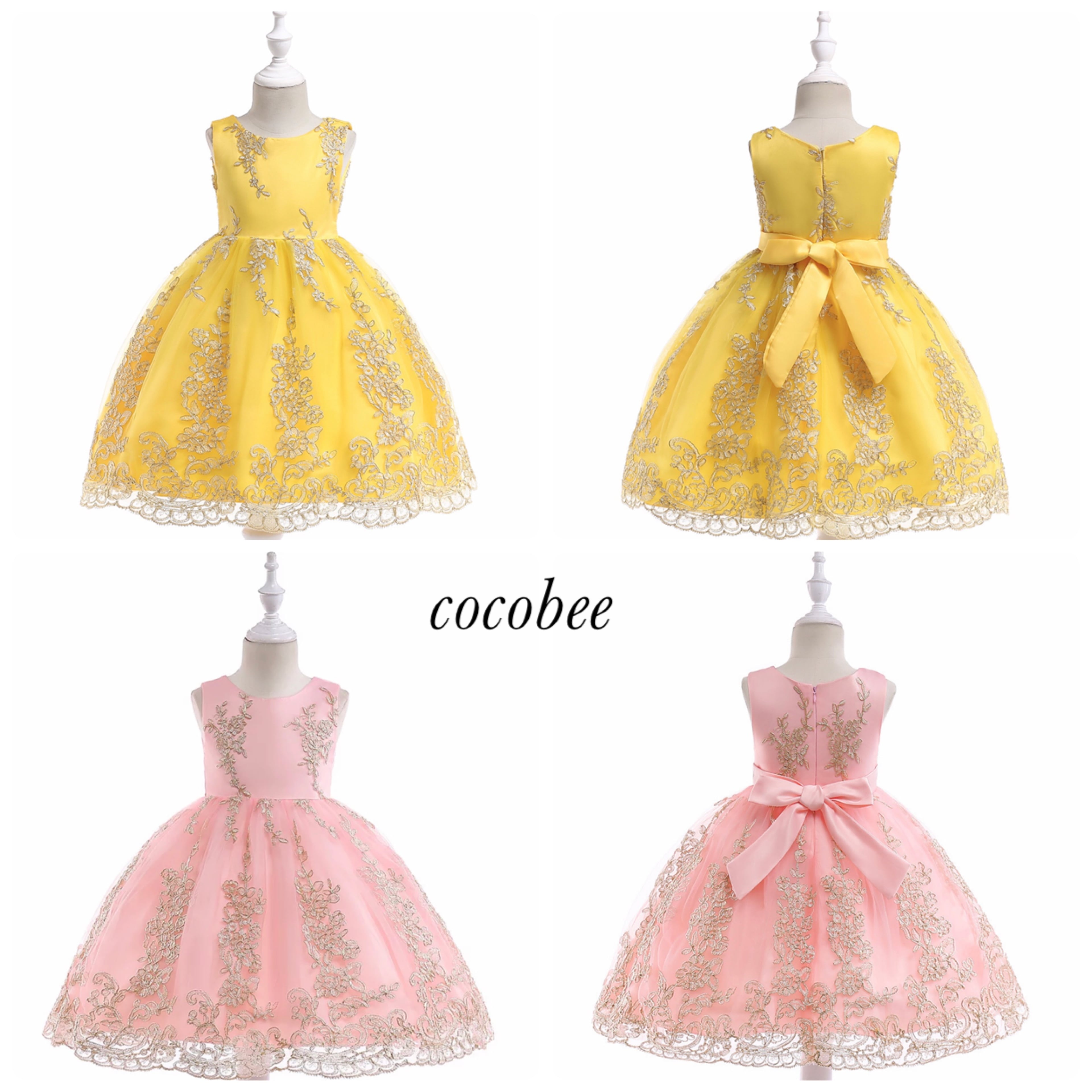 即納/送料無料】イエローピンク色子どもドレスゴールド刺繍 即納/送料無料】イエローピンク色子どもドレスゴールド刺繍