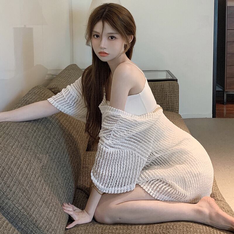 Vネック薄手ニットセーター レディースサマールーズカジュアルトップス 夏物 ガールズファッション99412515338