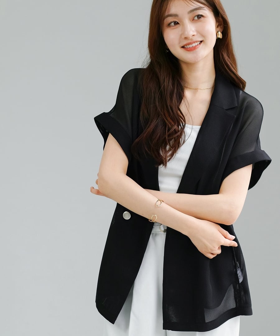 抜け感シアー 】 変わり織メッシュ・フレンチスリーブジャケット
