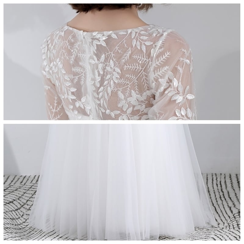 ボタニカル レース クルーネック 七分袖 ウエディングドレス