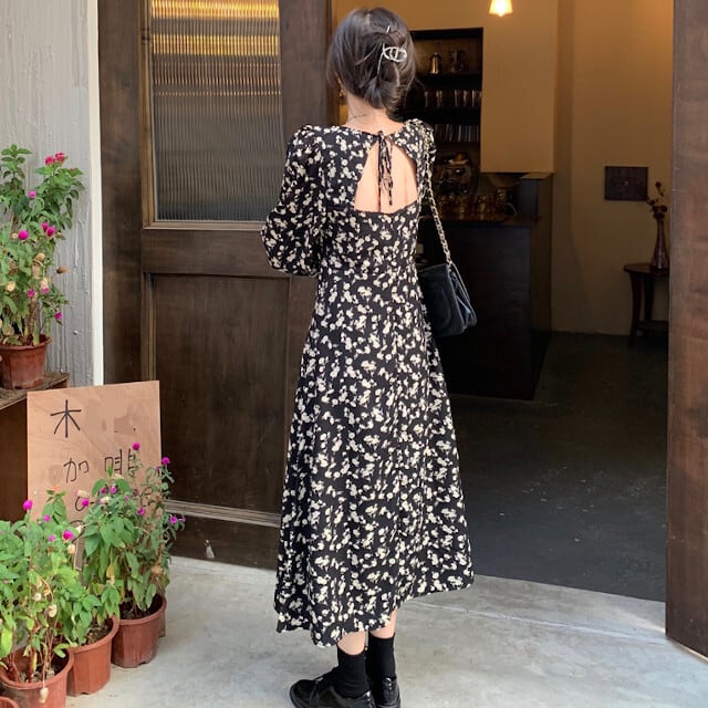 ワンピース レディース ワンピースドレス ロングワンピ ロング丈 ロングスリーブ 花柄 パフスリーブ 長袖 背中開き ブラック M/L/XL/2XL/3XL/4XL