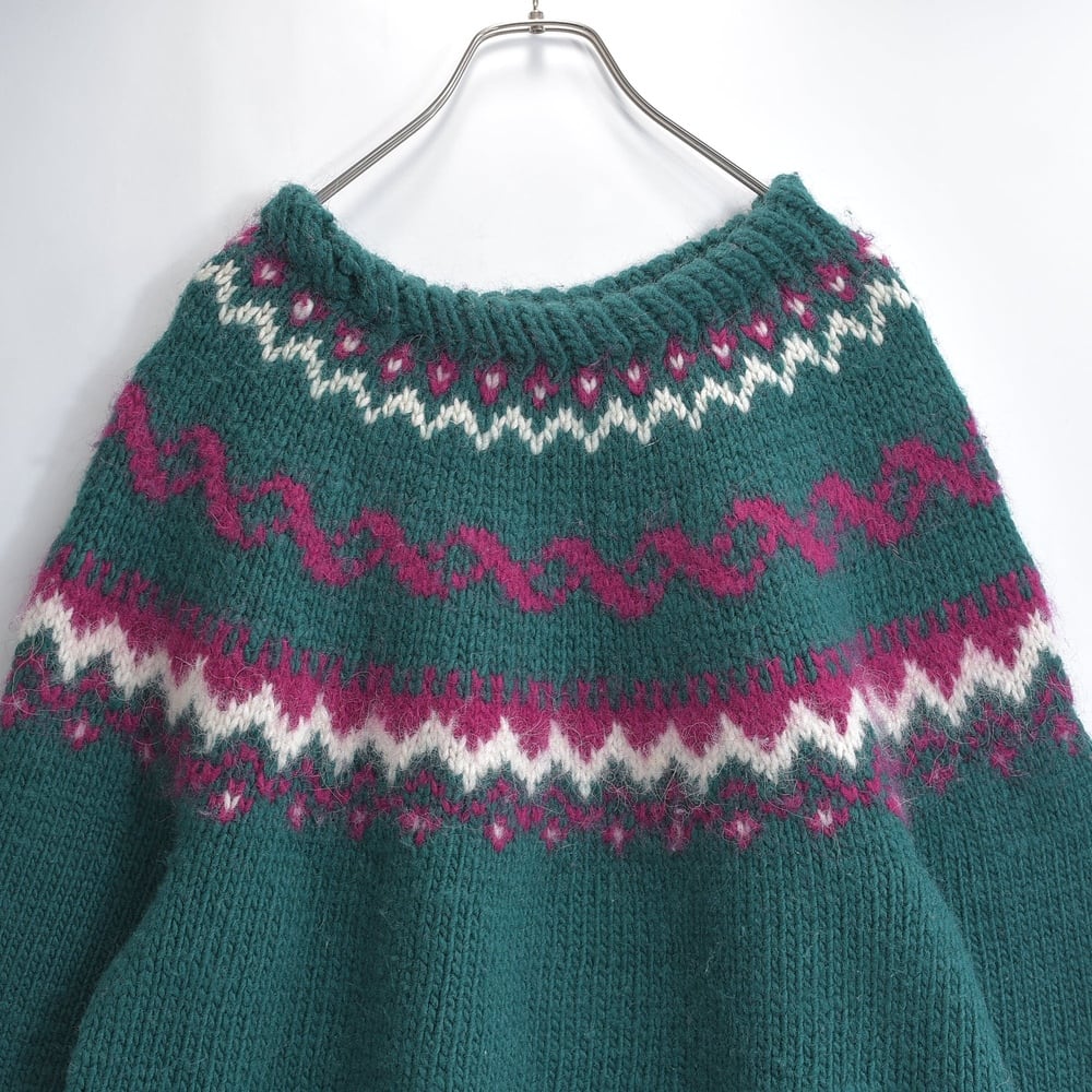 Used Lopi sweater ロピセーター ロパペイサ ニット セーター クルーネック 丸ヨーク 求心柄 幾何学模様 起毛 ダークグリーン USED ヴィンテージ ビンテージ 古着 メンズL~XLサイズ相当