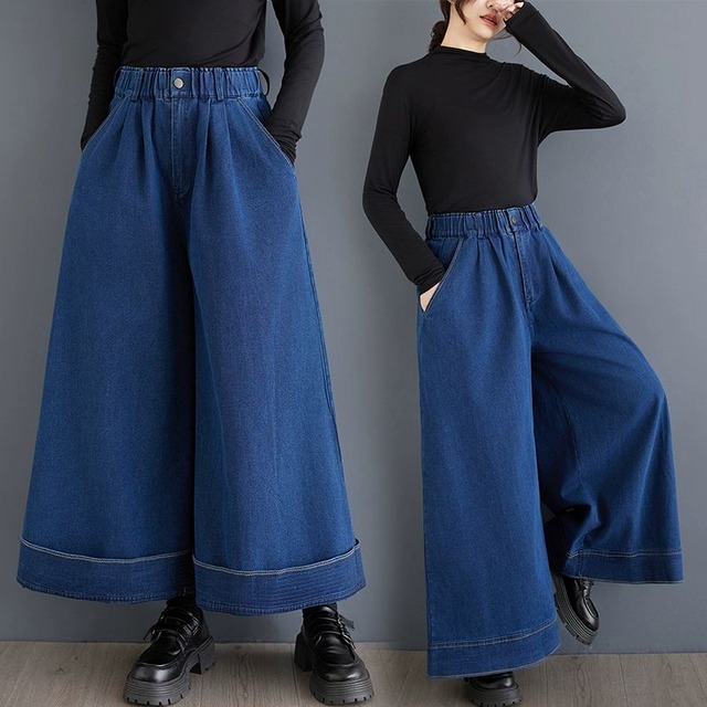 BLUE DENIM A-LINE WIDE LEG PANTS 1color M-11618