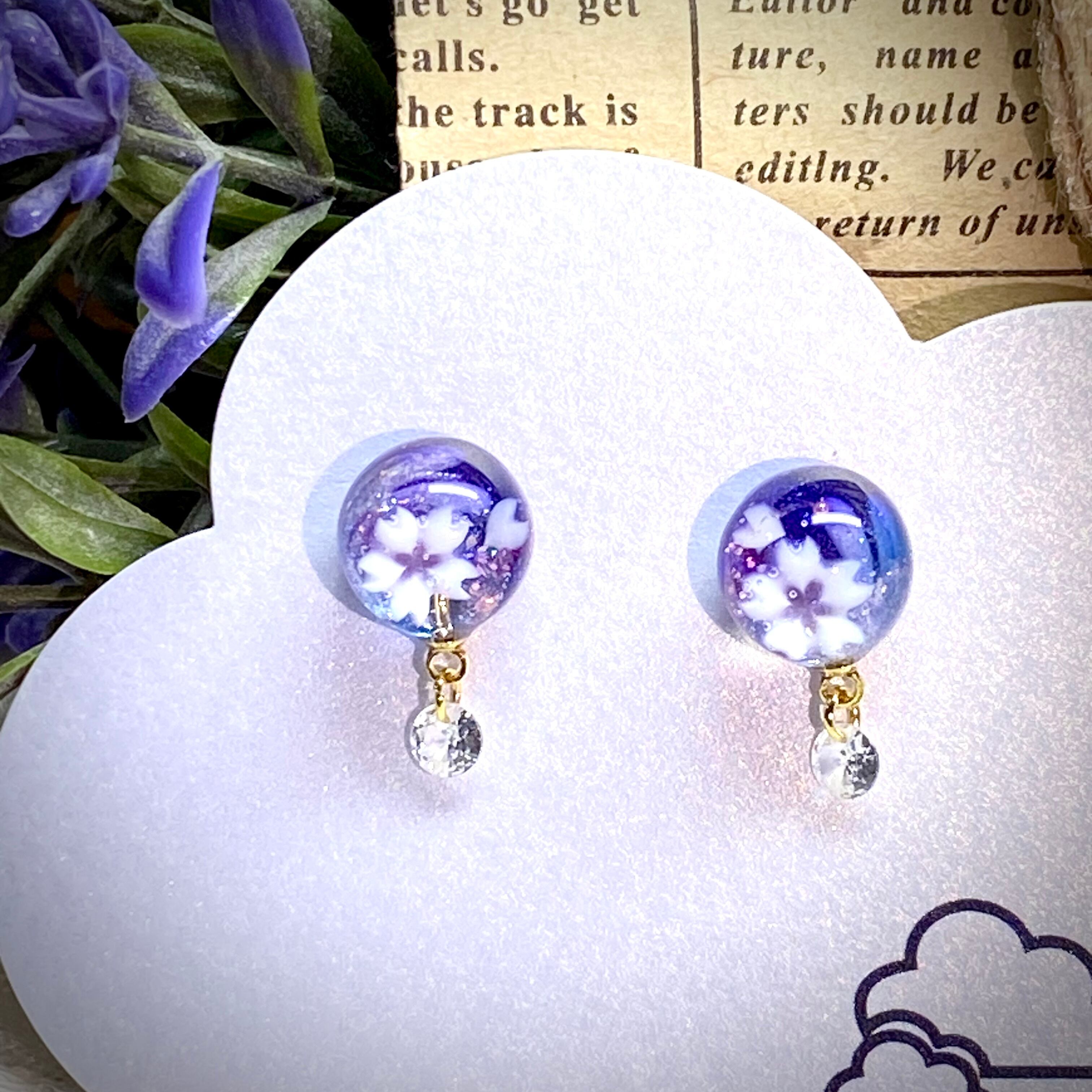 レジンクリップ式イヤリング  桜とキュービックジルコニア  小さめ/パープル