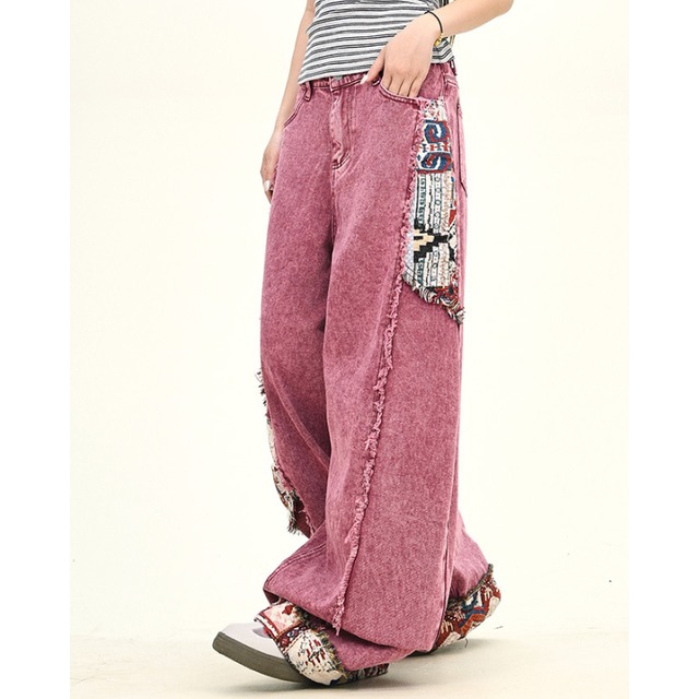 ethnic patchwork fringe denim　エスニックパッチワークフリンジデニム　J1037