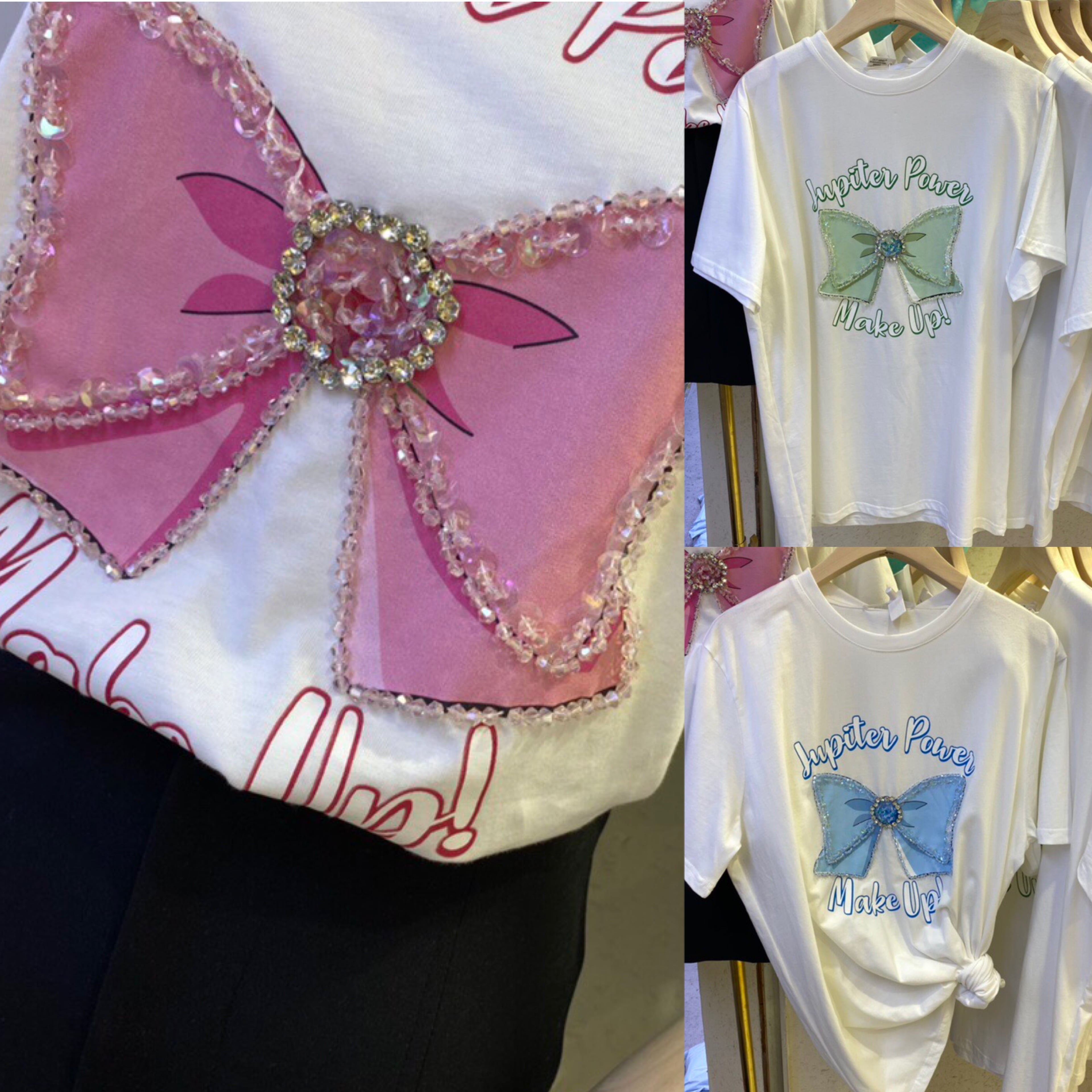 Tシャツ ラインストーン リボン かわいい 星 ピンク 水色 緑 Tシャツ