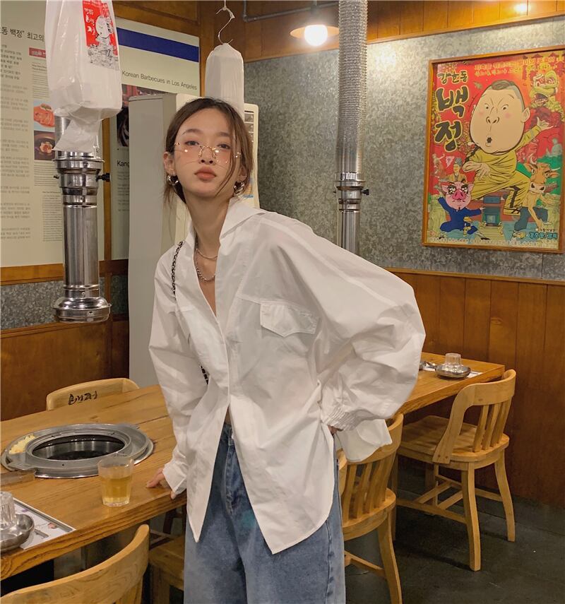 ホワイトVネックシャツ オータムルーズ ロング 秋物 モンロー52233568203