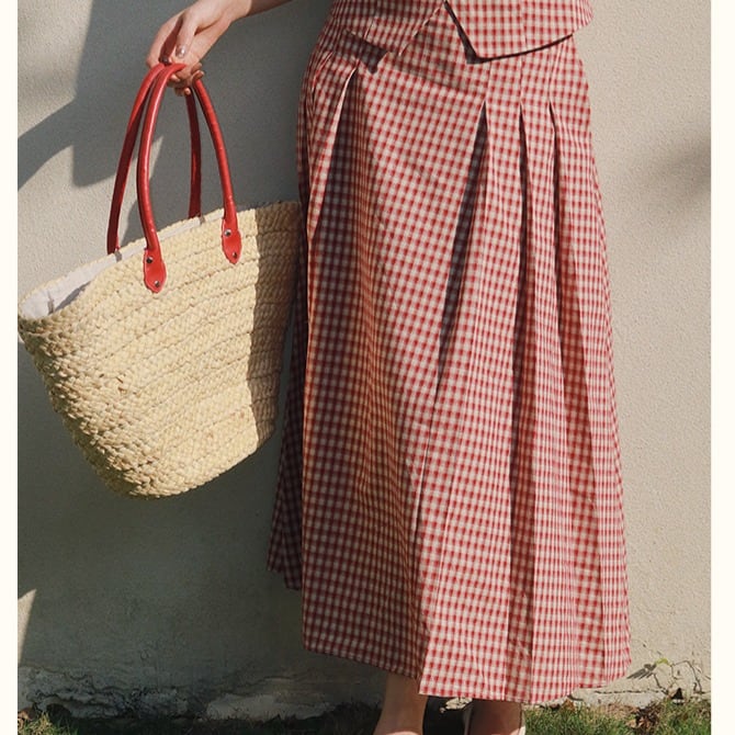 チェック柄 プリーツデザイン Aラインスカート 00438