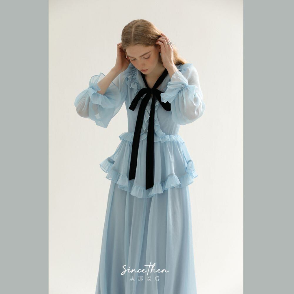 ベルベットのブラックロングタイ妖精ワンピース【ブルー】 E00207