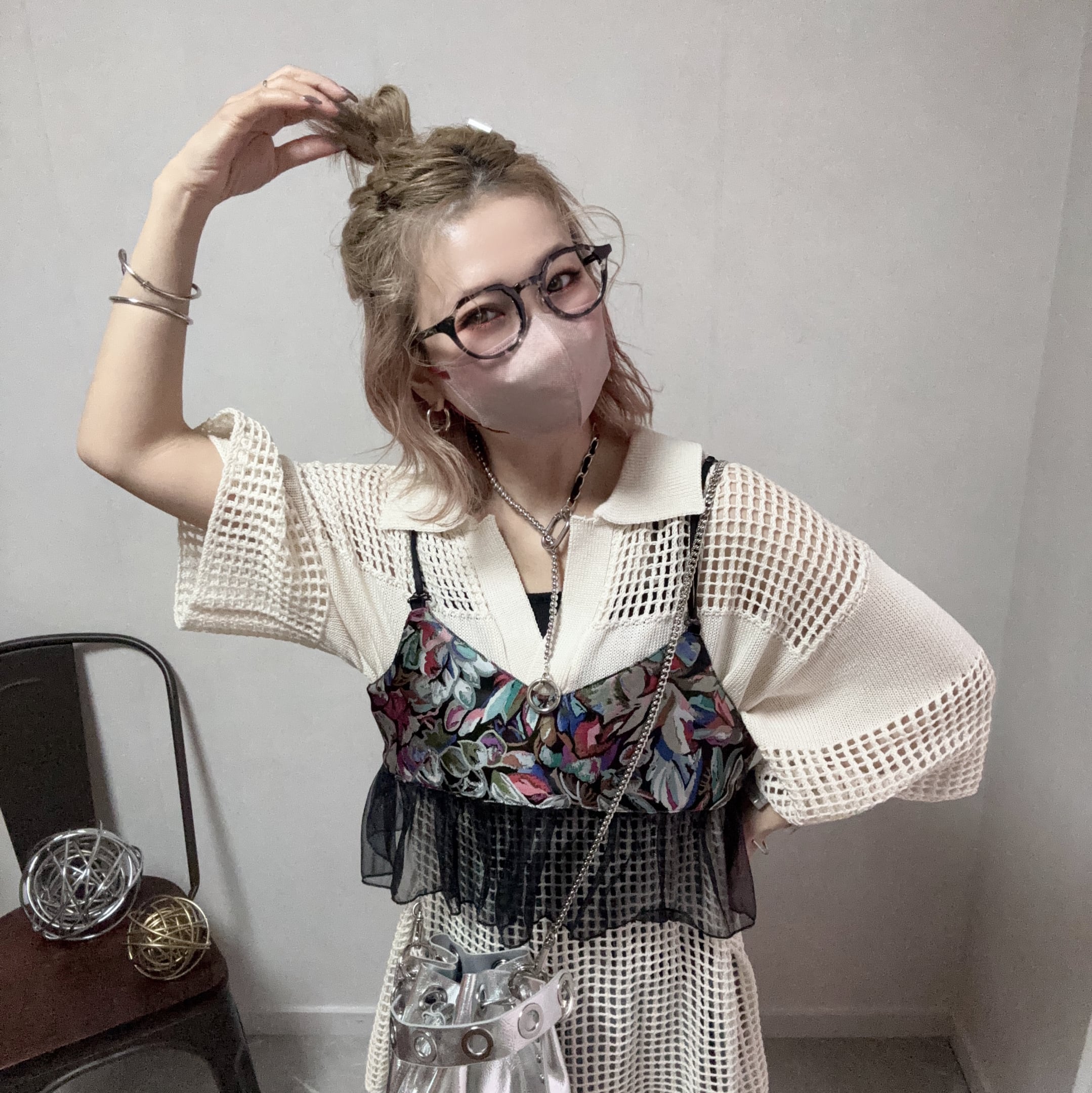 square mesh knit half sleeve PO【Ivory】