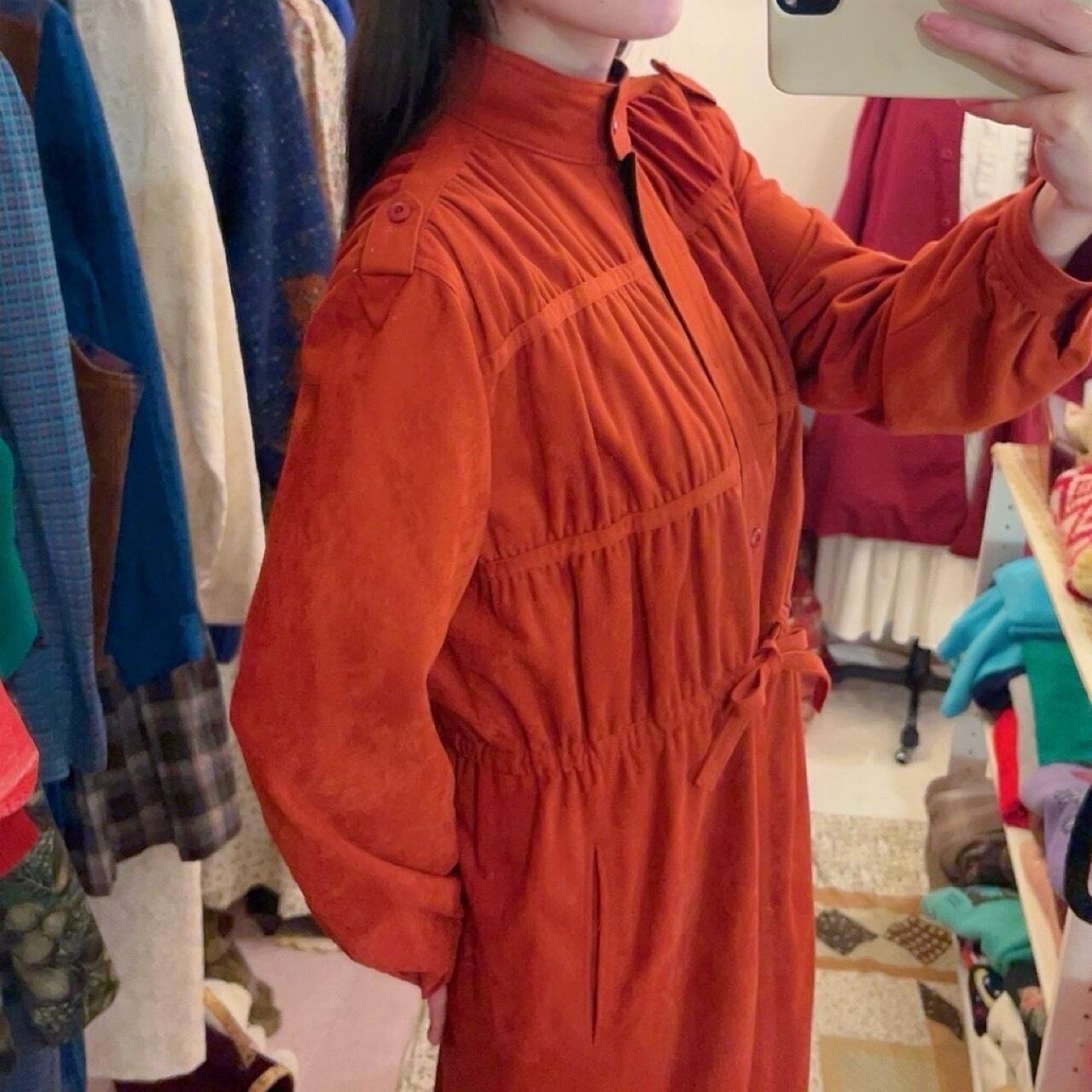 dark orange gather ribbon one-piece