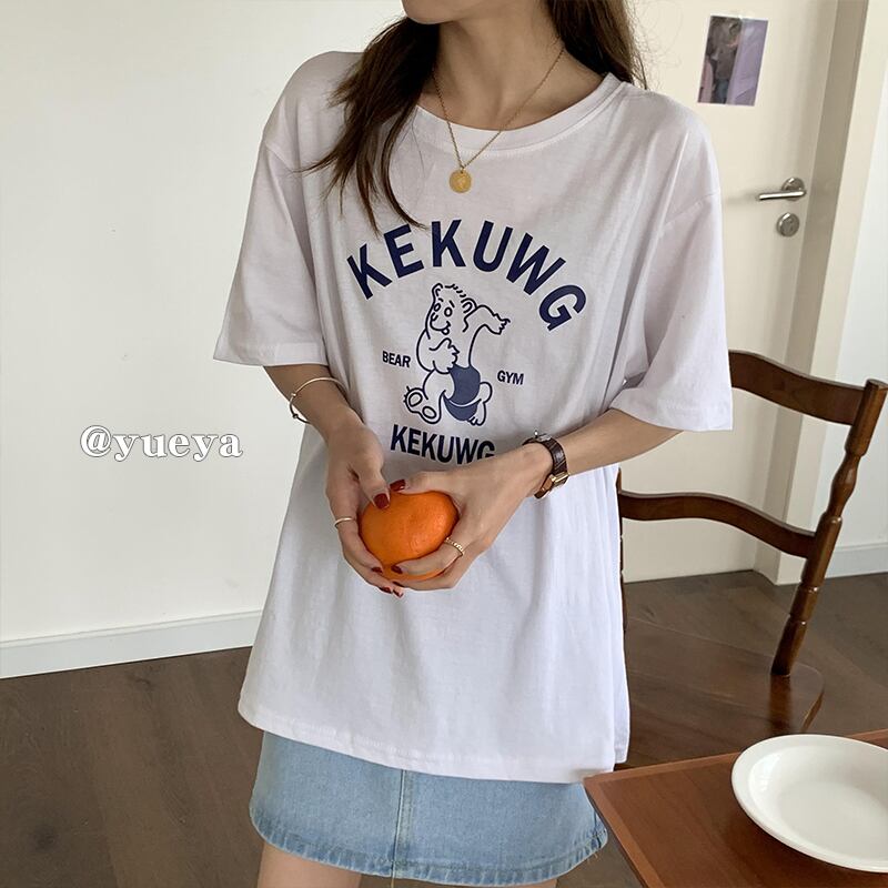 ホワイトTシャツ サマープリントカジュアルラウンドネックトップス 夏物 Oネック クレセントシティ97993965261