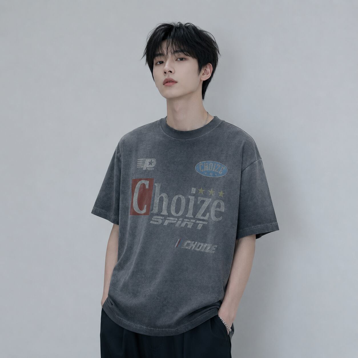 Washed and distressed short-sleeved T-shirt 0004