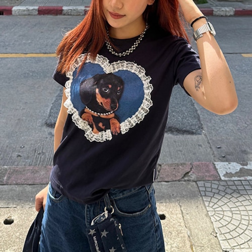lace heart dog short-sleeve tee　レースハートドッグ半袖ティー　J2020