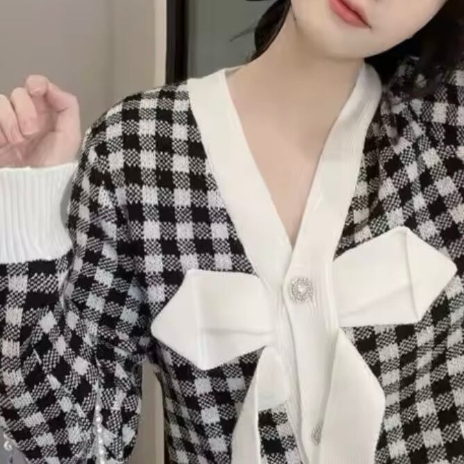 ブロックチェックリボンカーディガン