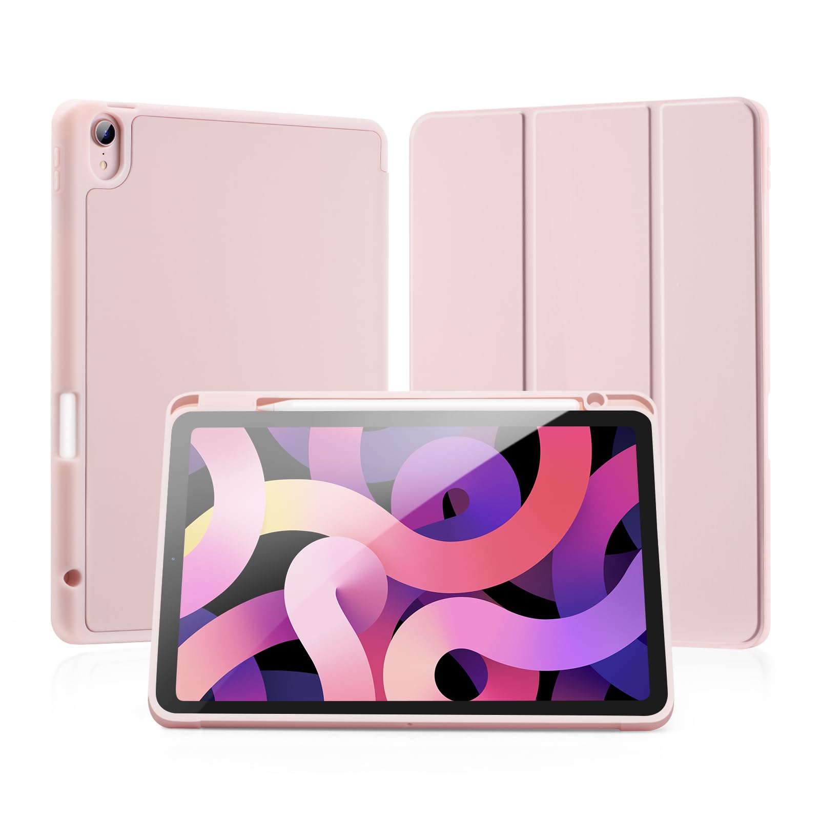 LovRug iPad Air 11インチケース (M2) 2024 iPad Air 第5世代 2022/iPad Air ケース 第4世代 2020 10.9インチ用 ペンシルホルダー付き ソフトTPUバック スマート保護カバーケース(ピンク)