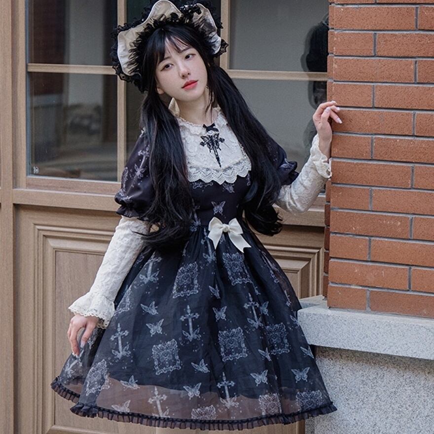 サブカル 服 地雷系 通販 4月出荷 ワンピ 半袖 スリーブ リボン付属 butterfly 刺繍 闇かわいい ゴシック レース フリル