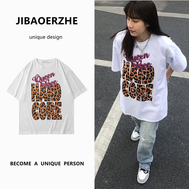 サマーレオパードプリント柄ルーズトップス ホワイトTシャツ コットン かわいい 夏物 ケッペル34498735805