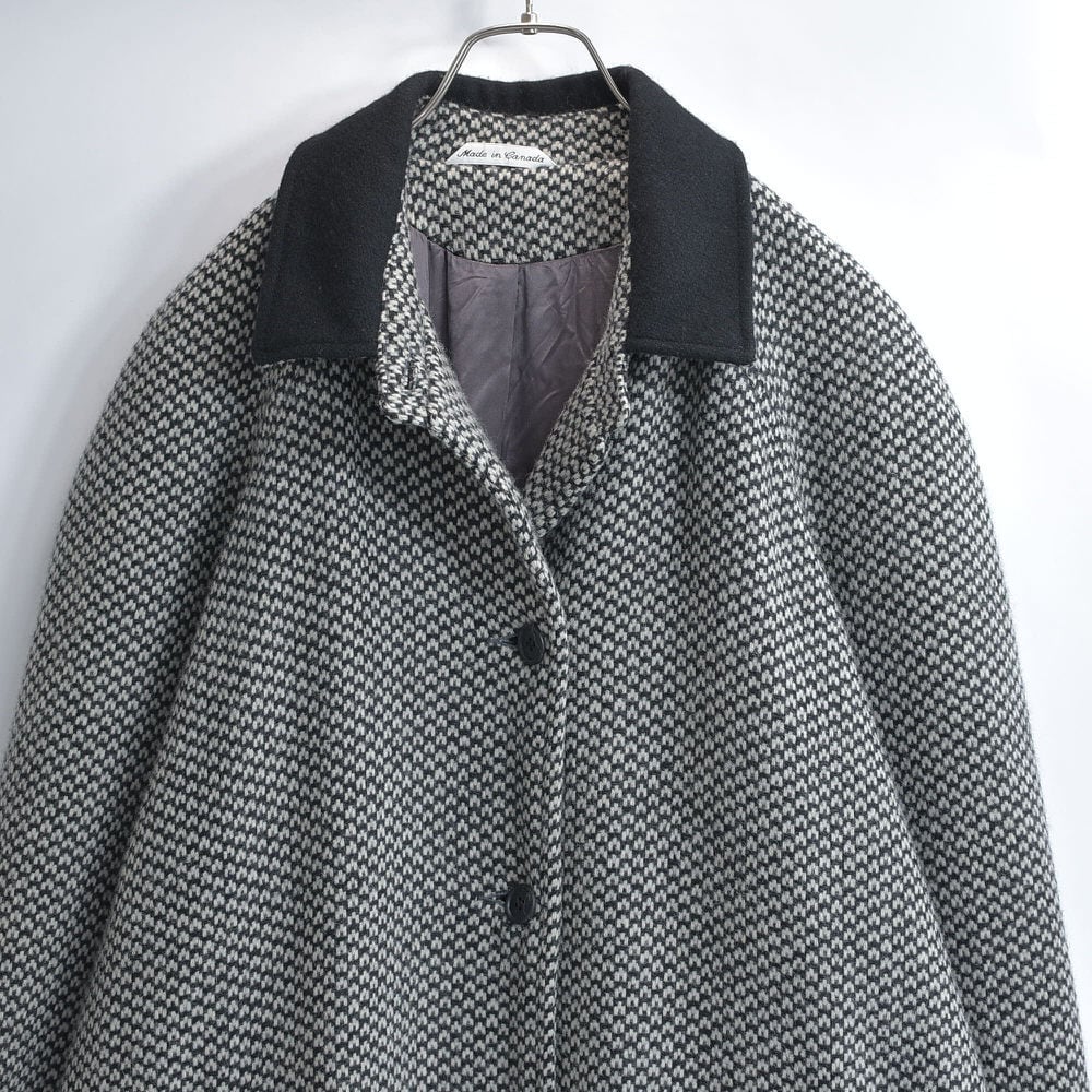 80~90s カナダ製 DASH ダッシュ バイカラー 幾何学柄 デザイン ウール クラシックスタイル ロングコート ステンカラー バルマカーン モノトーン ヴィンテージ ビンテージ USA アメリカ古着 レディースXL相当