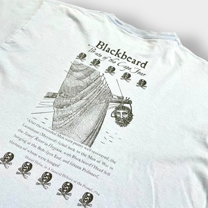 【GILDAN】FORT FISHER STATE BLACKBEARD ワンポイントロゴ Tシャツ バックプリント 歴史地区 海賊 黒髭 スカイブルー 半袖 us古着