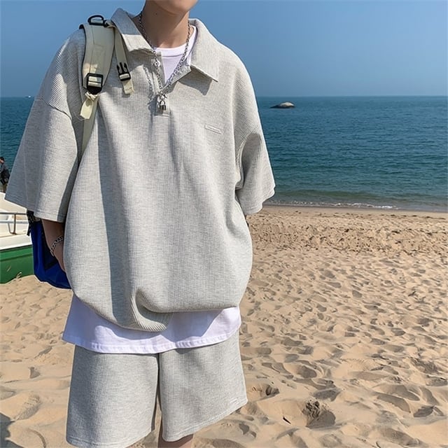 【予約販売】メンズ セットアップ 上下 半袖 ハーフパンツ ストリート ワッフル地 ブラック グレー ブラウン 部屋着 ジム スポーツウエア カジュアル 春 夏 大きいサイズ M/L/XL/2XL