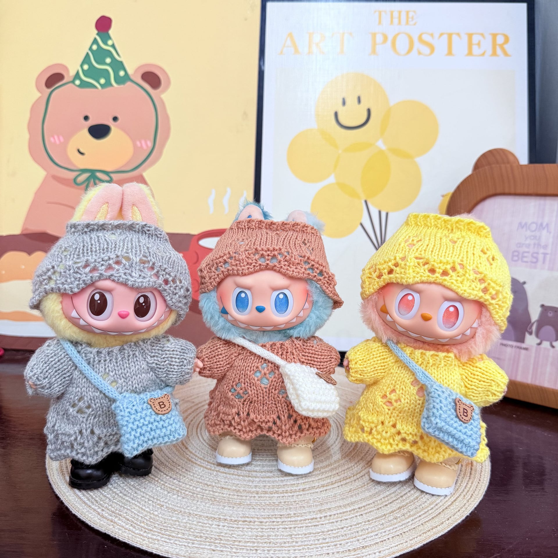 Labubu 1-3世代対応 かわいい ニットワンピース+帽子+バッグ ラブブ