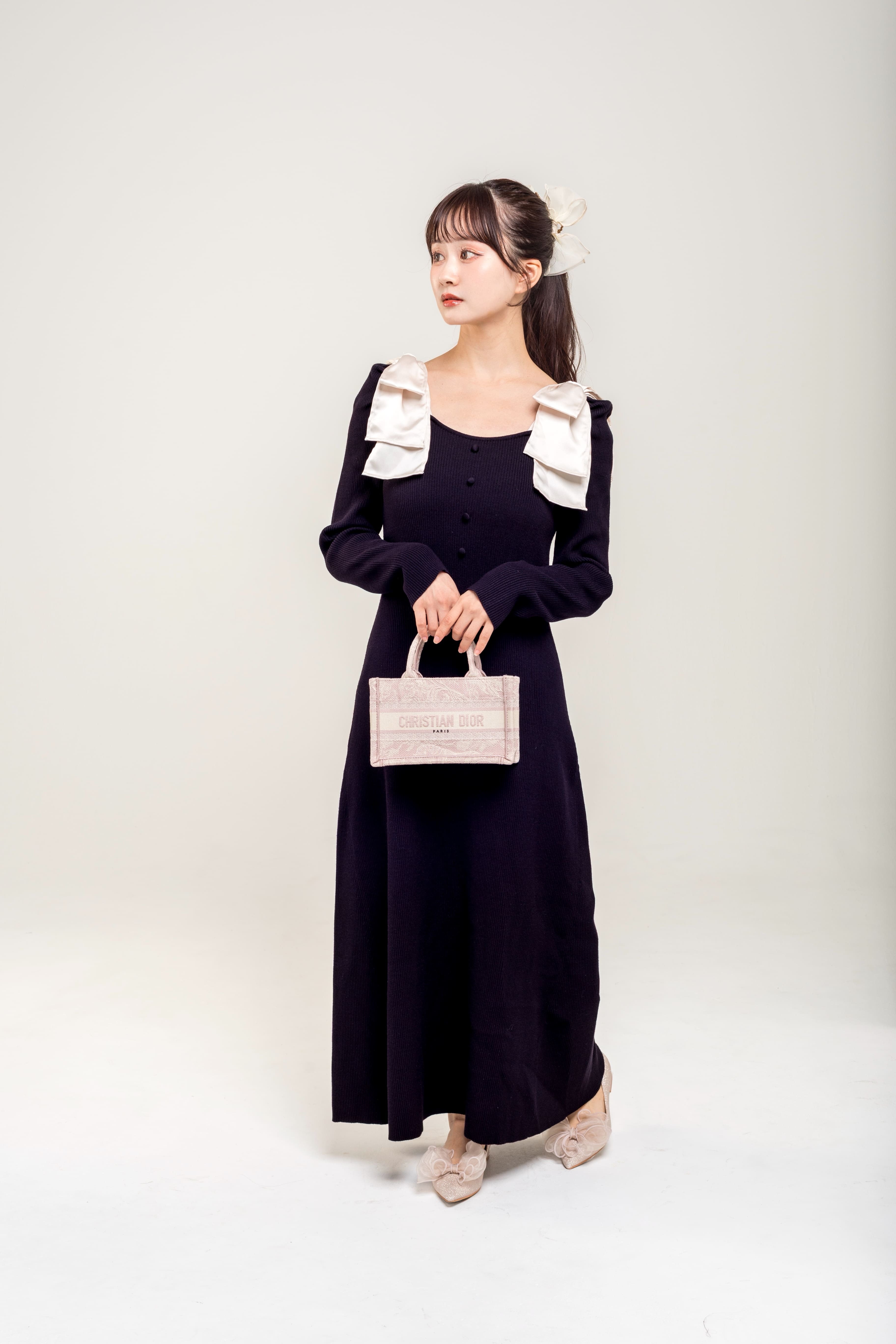 Black ribbon knit dress | raviange