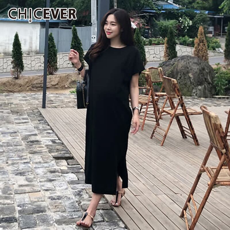 CHICEVER不規則な女性のドレスOネック半袖クロスシャーリングサイドスプリットルーズミディドレス2020服 ショート ハーフスリーブ 6base568799058145