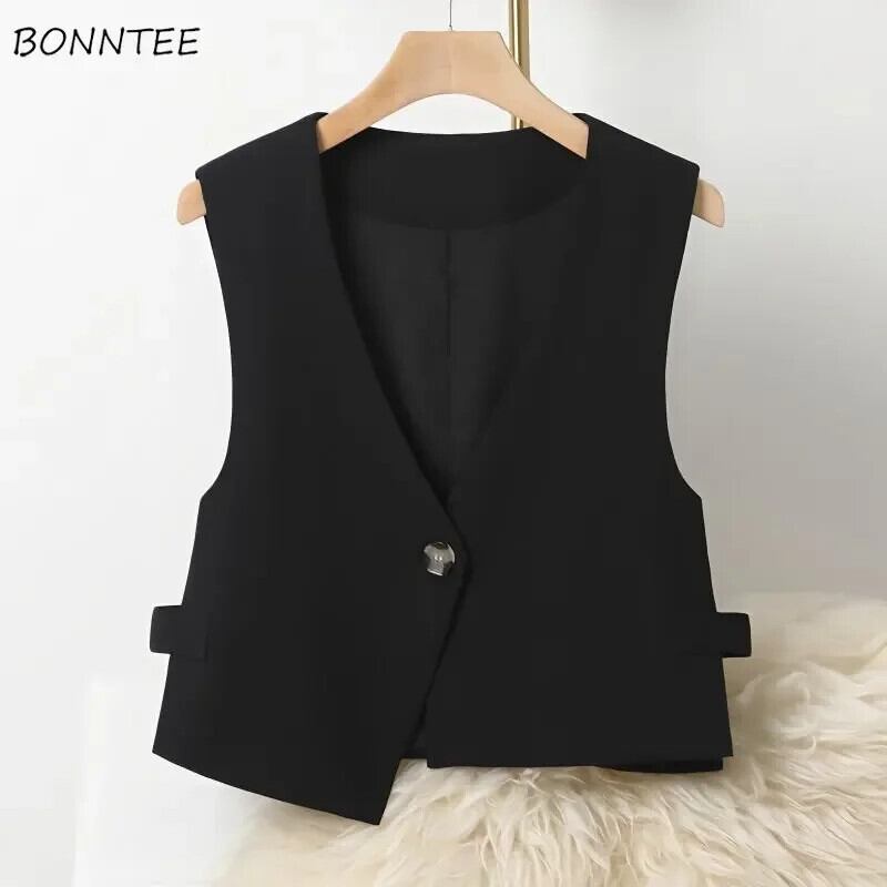 【新作】【送料無料】 黒ベスト女性 M-3XL オフィスレディース服オールマッチ韓国ファッションクロップコート気性不規則なミニマリスト Жилетка Женская 0288257771876