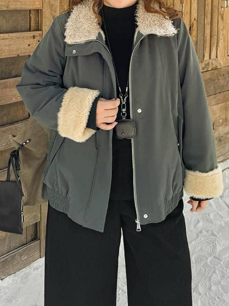 大人カジュアルにちょうどいい 裏ボアジップアップジャケット おしゃれ 大人 ボア ファー カジュアル きれいめ 着回し 温か シンプル 体型カバー 大きいサイズ 韓国 CH11414