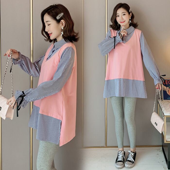 【新作】【送料無料】 マタニティウェア2019秋バージョンの新しいファッションストライプラペルルーズミドル丈プラスサイズのマタニティドレス-アリババ 大きめサイズ オータム 秋物 expec255183420684