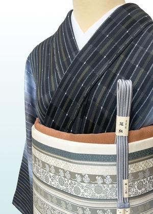 (袷)モノトーングラデーション変わり格子お召し小紋 LUKMA-041(リユース品)