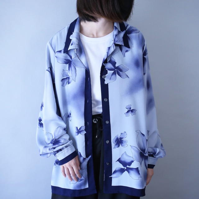 beautiful blue flower pattern loose silhouette open collar shirt