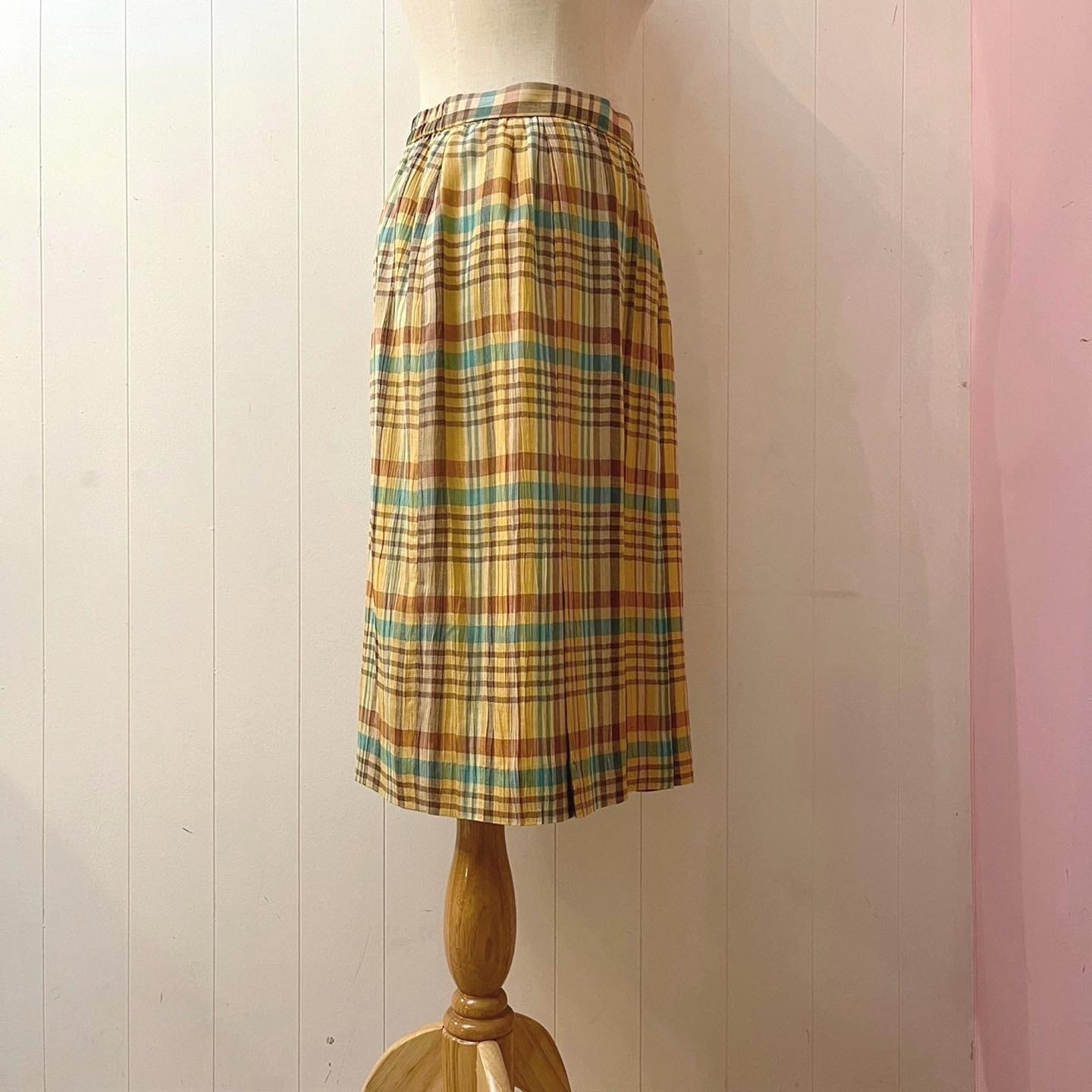 yellow green check semi skirt