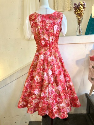 50's pink×red print dress ribbon design with belt