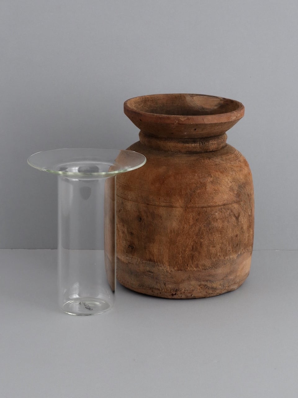 ヴィンテージ ウッドポット 花瓶｜Vintage Wooden Pot Vase with Glass