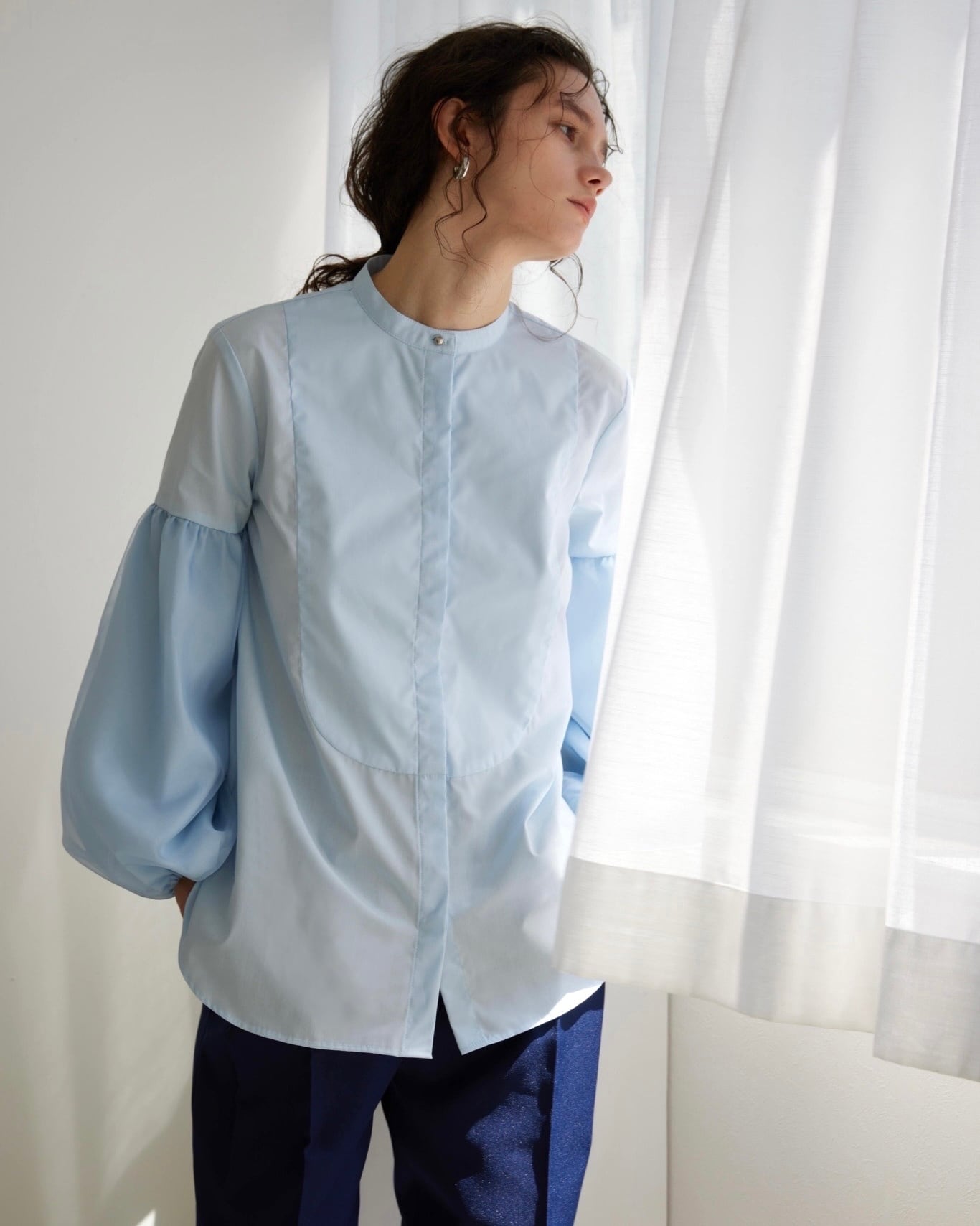 SHEER LAYERED BALLON SLEEVE BLOUSE (BLUE) | PLACARD by mélan