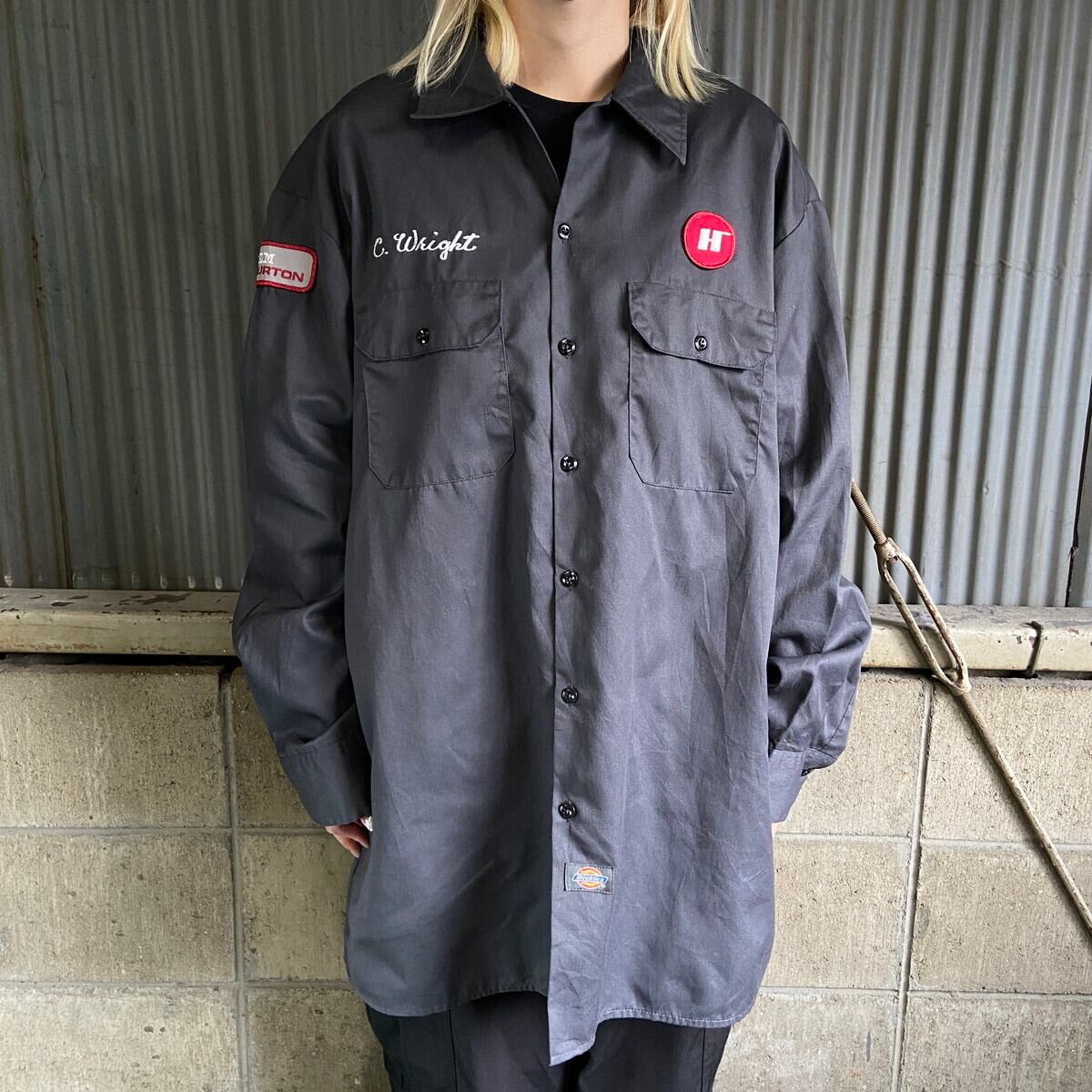 Dickies ディッキーズ 企業ワッペン 長袖 ワークシャツ メンズXL 古着
