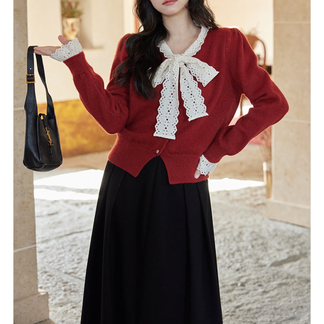 sweater cardigan with red stitching