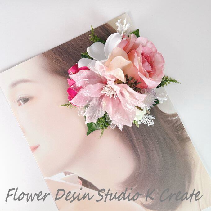 クレイフラワー♡ロココ調リボン台にピンクのポインセチア♡クリスマス♡ハンドメイド 発表会に♡ピンクのポインセチアとプルメリアの髪飾り ヘアクリップ