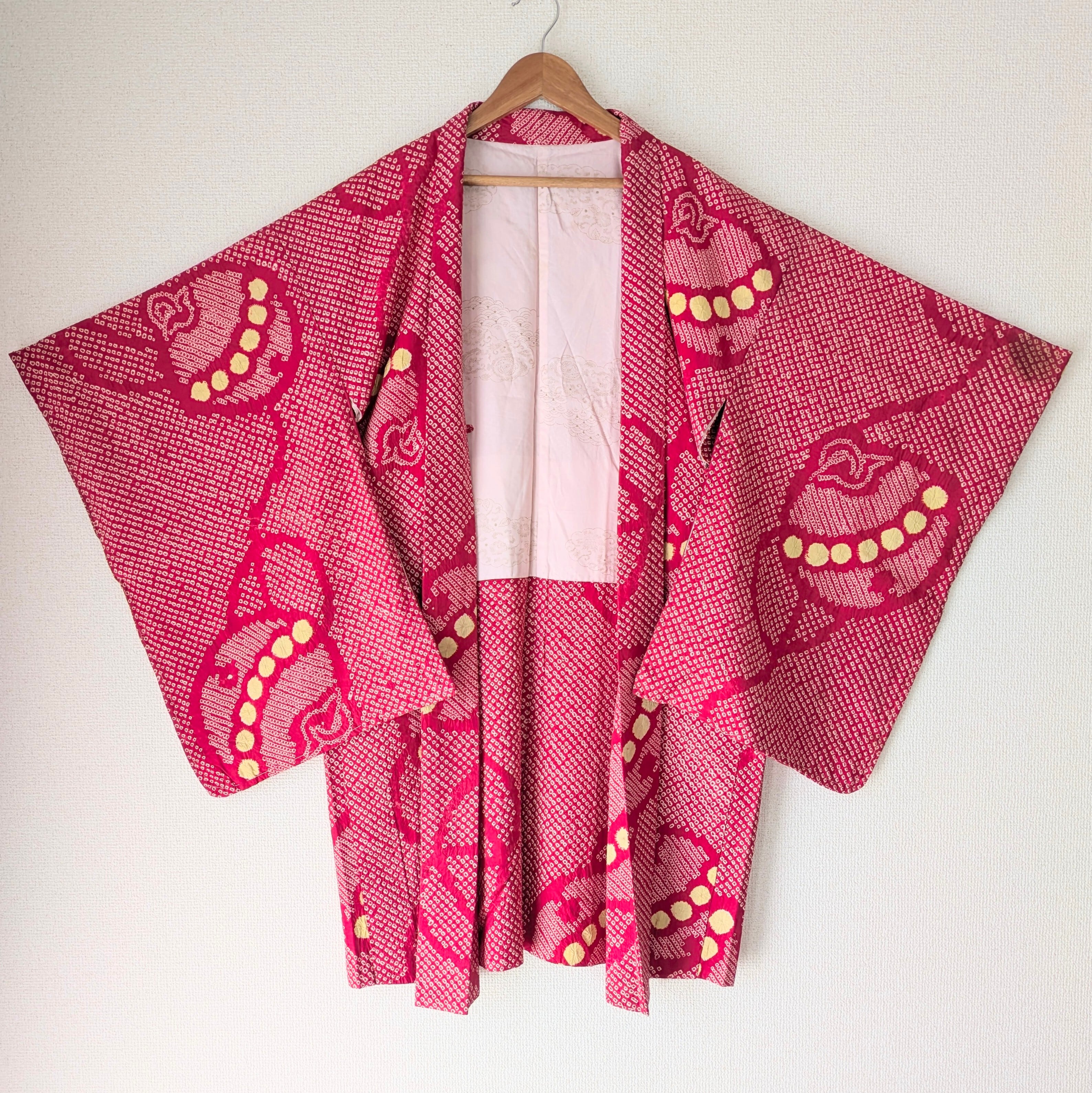 Vintage】HAORI 羽織 正絹 総絞り 赤 黄 鈴柄 大正浪漫 古布 時代布
