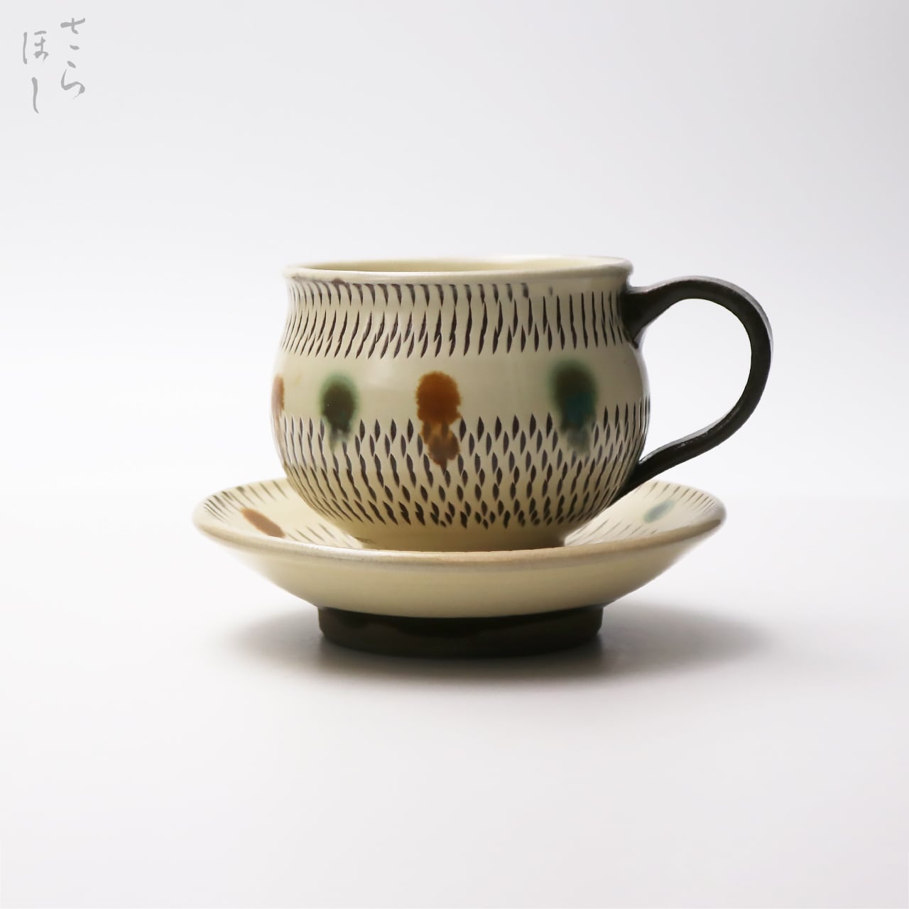 民藝　小鹿田焼セット 小鹿田焼 小袋窯【コーヒーカップ＆ソーサーセット】黒白掛分け 陶器