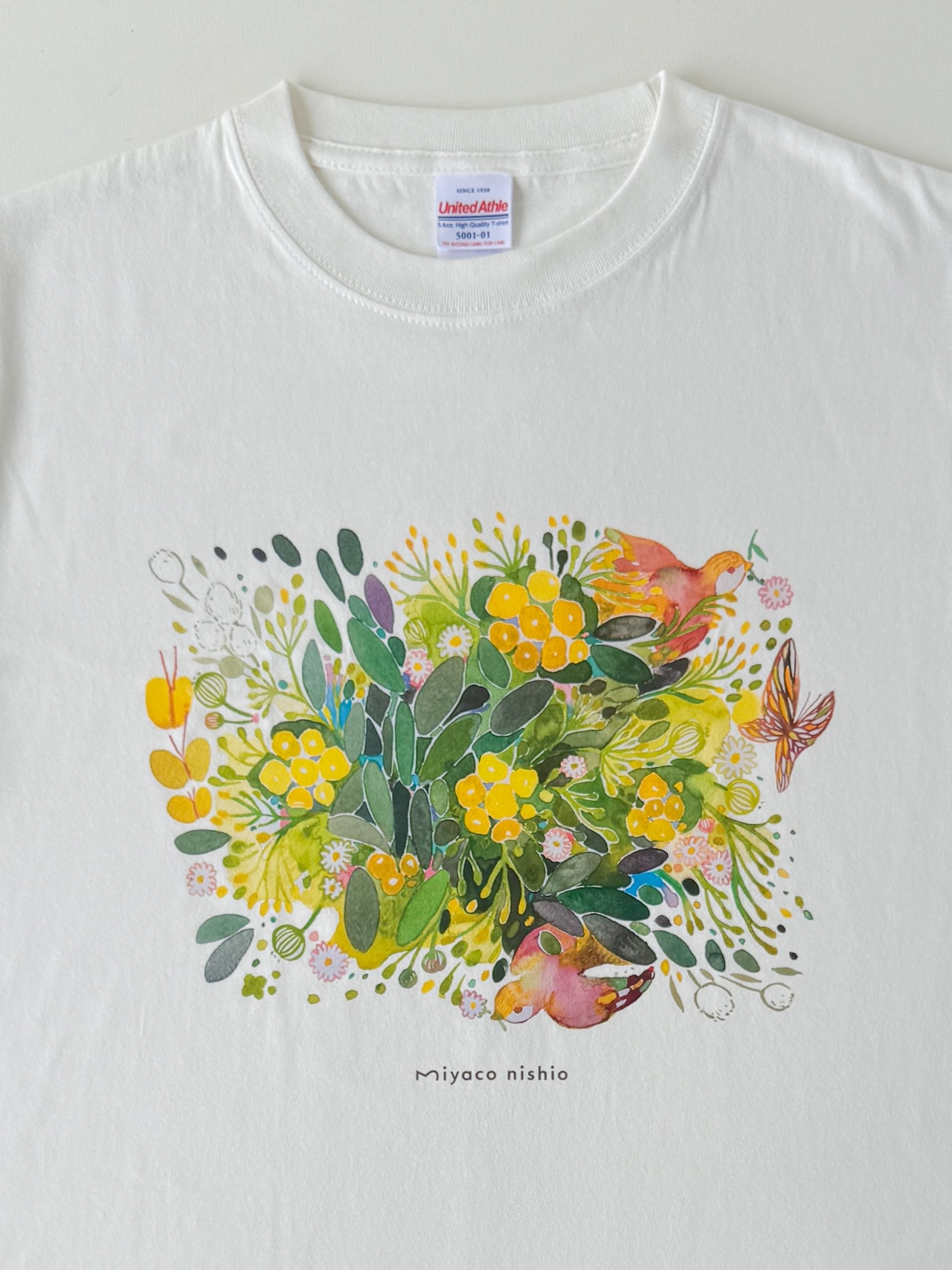 水彩画を着るTシャツ　「新緑と鳥」