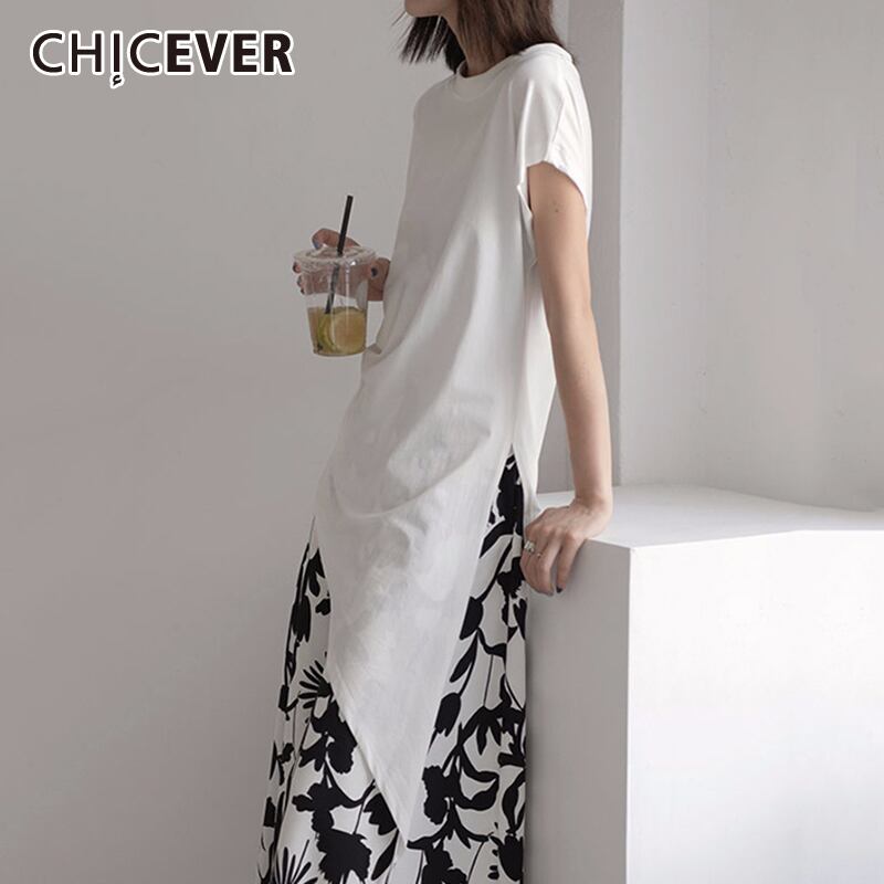 CHICEVERウィメンズホワイトプリーツ非対称気質Tシャツラウンドネック半袖タイド2020年春夏 ショート ハーフスリーブ スプリング 春物 サマー 夏物 Oネック 6base547101765022
