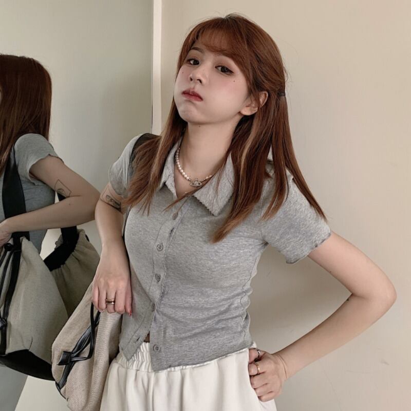 カラー半袖スリーブTシャツ サマー薄手カーディガンハイウェストウェストホワイトトップス ショート ハーフスリーブ 夏物 YY-ファッション75900085673