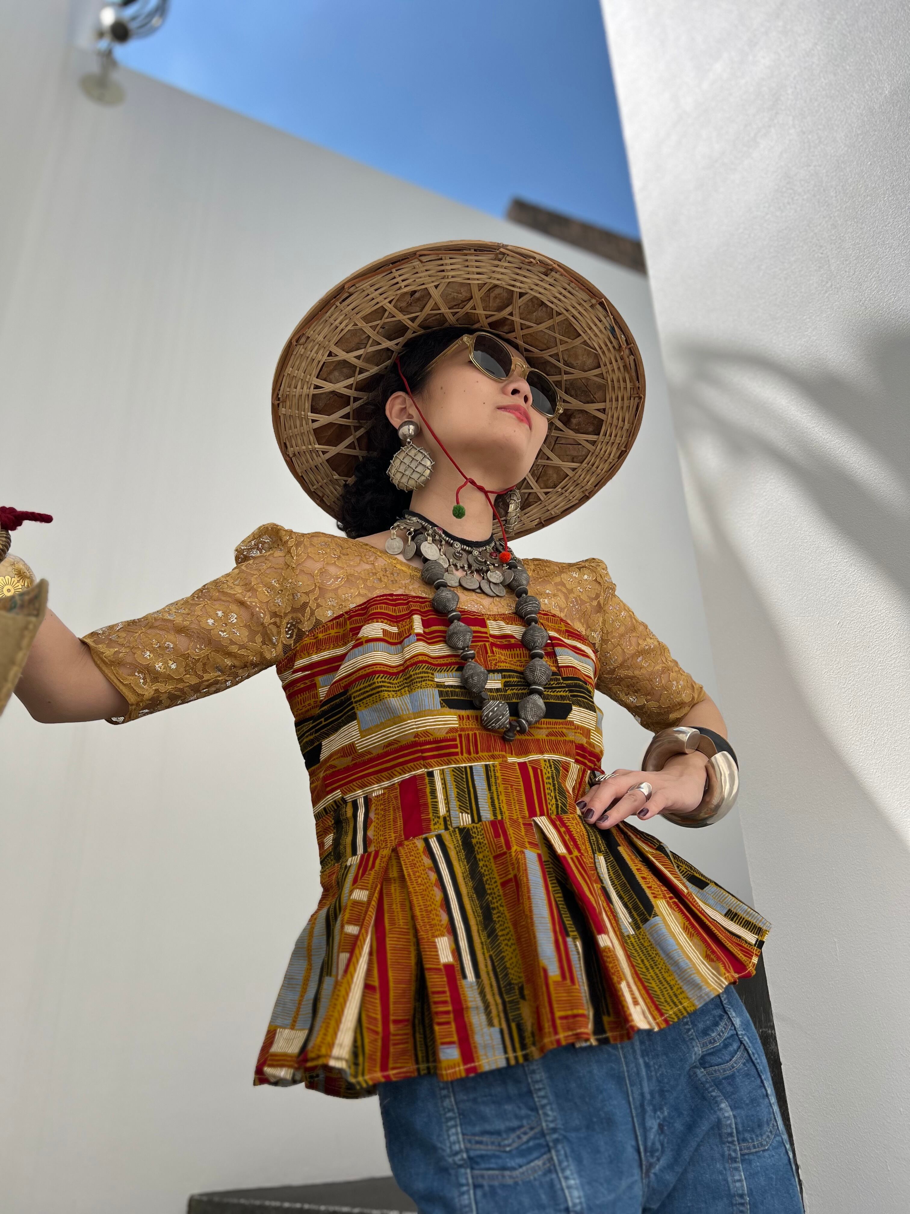 Vintage african batik cotton × lace tops ( ヴィンテージ アフリカンバティック コットン × レース トップス )